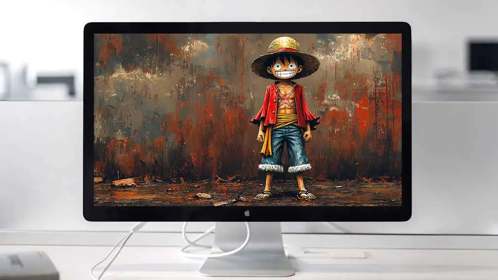 Monkey D. Luffy de One Piece, debout et confiant avec son chapeau de paille emblématique, sa chemise rouge et son pantalon bleu, fond d'écran 4k ultra HD à télécharger gratuitement pour Pc 1 téléphone portable