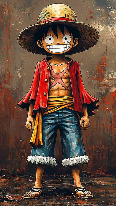 Monkey D. Luffy de One Piece, debout et confiant avec son chapeau de paille emblématique, sa chemise rouge et son pantalon bleu, fond d'écran 4k ultra HD à télécharger gratuitement pour Pc 1 téléphone portable