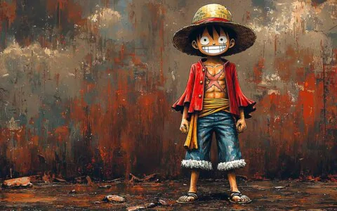 Monkey D. Luffy from One Piece, standing confidently with his iconic straw hat, red shirt, and blue pants, 4k wallpaper ultra HD background free download for Pc 1 mobile phone