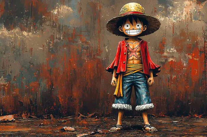 Monkey D. Luffy de One Piece, debout et confiant avec son chapeau de paille emblématique, sa chemise rouge et son pantalon bleu, fond d'écran 4k ultra HD à télécharger gratuitement pour Pc 1 téléphone portable