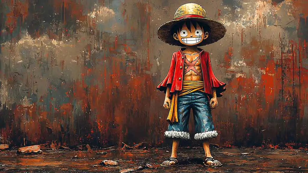 Monkey D. Luffy from One Piece, standing confidently with his iconic straw hat, red shirt, and blue pants, 4k wallpaper ultra HD background free download for Pc 1 mobile phone