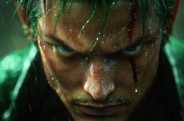 Fond d'écran Roronoa Zoro One Piece 4K portrait en gros plan sous la pluie ultra HD haute résolution arrière-plan d'anime pour PC et téléphone portable et iPhone téléchargement gratuit