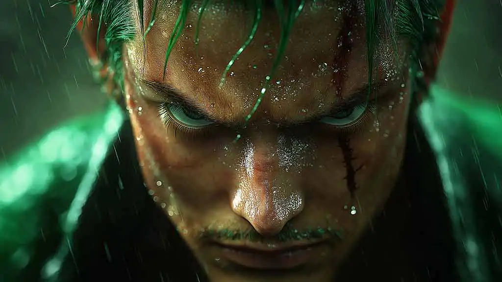 Roronoa Zoro One Piece wallpaper 4K close-up portrait in rain ultra HD high resolution anime background for Pc and mobile phone and iphone free download