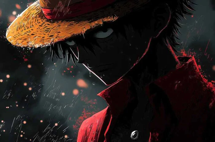 One Piece Monkey D. Luffy dark theme wallpaper 4K dramatic profile against shadowy background Free Download for pc and mobile phone and iphone