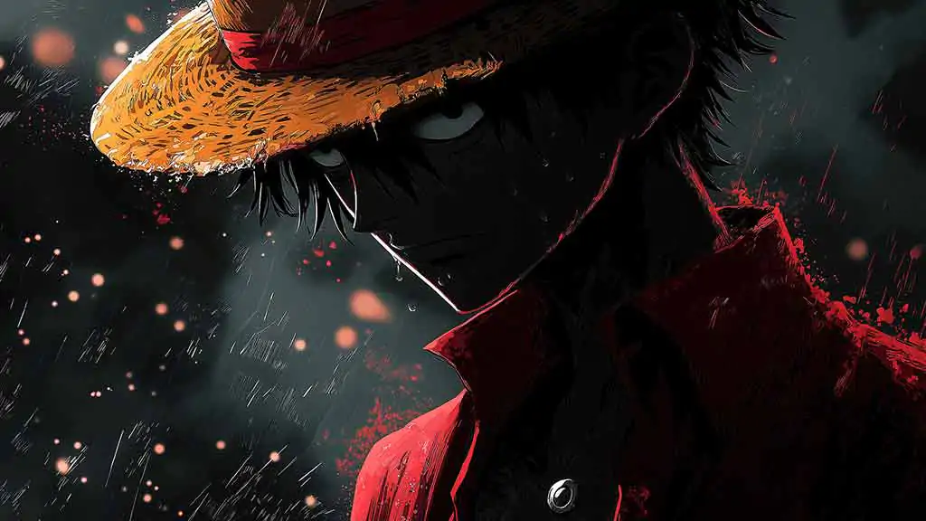 One Piece Monkey D. Luffy dark theme wallpaper 4K dramatic profile against shadowy background Free Download for pc and mobile phone and iphone