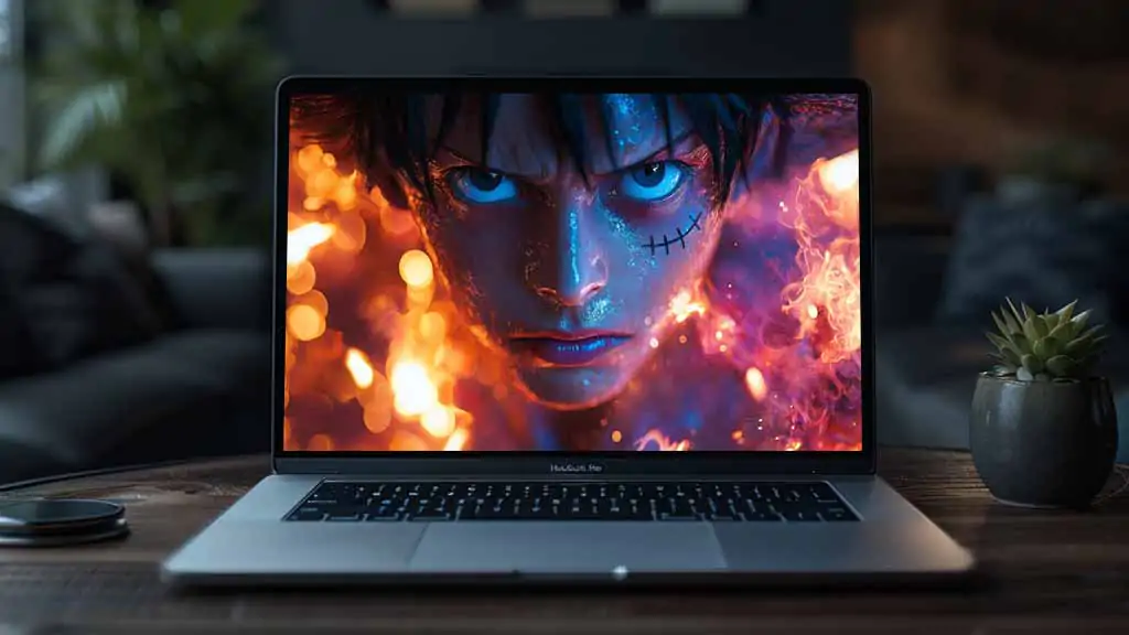 One Piece Monkey D Luffy gros plan fond d'écran 4K avec des yeux bleus brillants et des effets de feu, portrait artistique en résolution ultra HD pour ordinateur portable