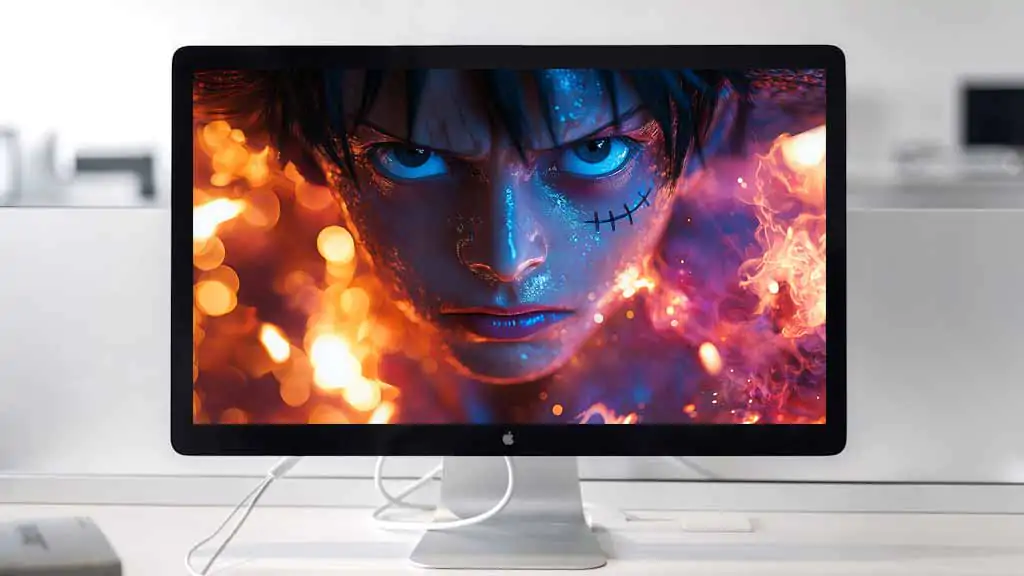 One Piece Monkey D Luffy gros plan fond d'écran 4K avec des yeux bleus brillants et des effets de feu, portrait artistique en résolution ultra HD pour ordinateur de bureau