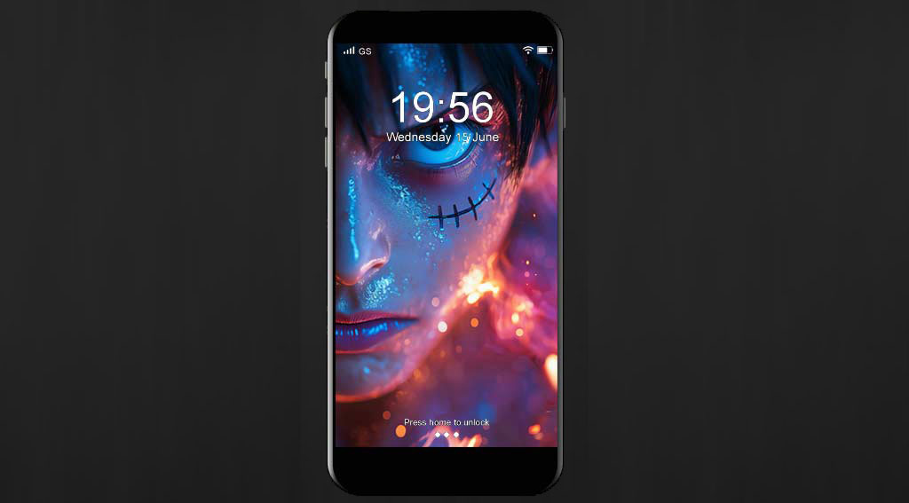 One Piece Monkey D Luffy gros plan fond d'écran 4K avec des yeux bleus brillants et des effets de feu, portrait artistique en résolution ultra HD téléphone iphone