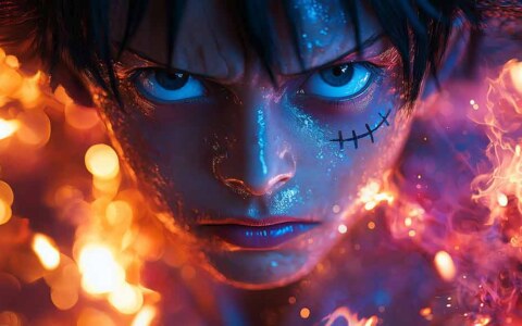 Fond d'écran One Piece Monkey D Luffy en gros plan 4K avec des yeux bleus brillants et des effets de feu, portrait artistique en résolution ultra HD