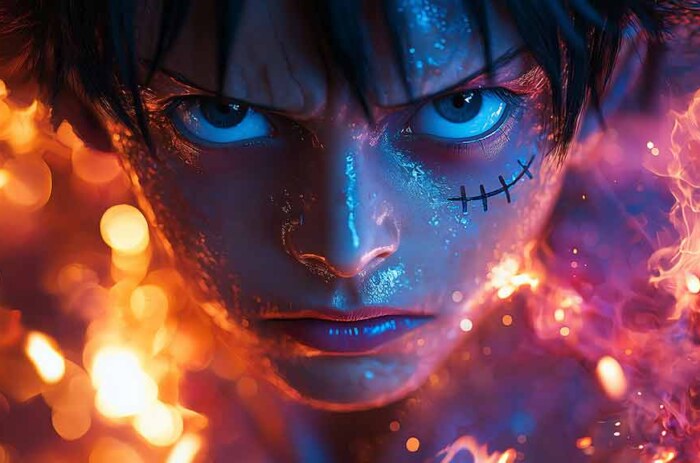 Fond d'écran One Piece Monkey D Luffy en gros plan 4K avec des yeux bleus brillants et des effets de feu, portrait artistique en résolution ultra HD