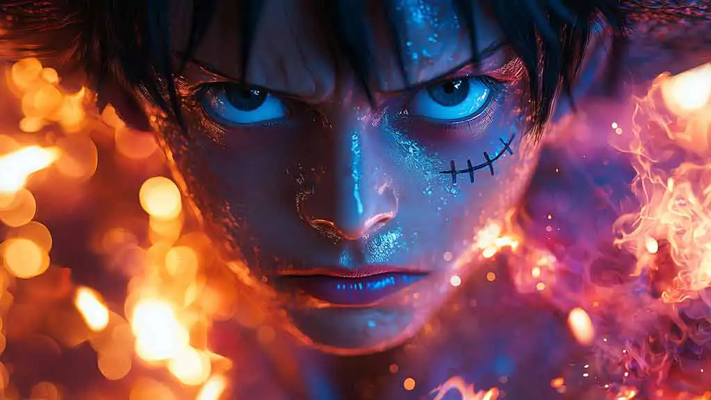 Fond d'écran de scène d'attaque dynamique One Piece Luffy 4K avec effets de feu et énergie explosive dans un style d'art anime ultra HD téléchargement gratuit pour téléphone mobile et iPhone