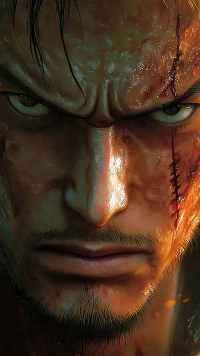 Roronoa Zoro One Piece wallpaper 4k intense close-up portrait with battle scars background ultra HD anime free download for pc & mobile phone and iphone