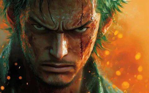 Roronoa Zoro One Piece wallpaper 4k intense close-up portrait with battle scars background ultra HD anime free download for pc & mobile phone and iphone