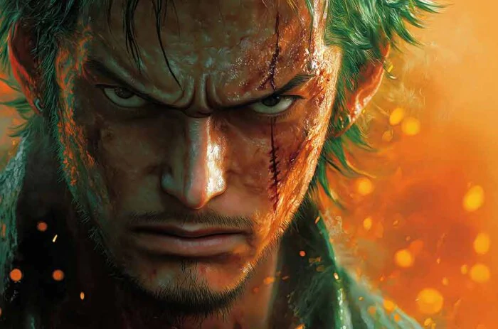 Roronoa Zoro One Piece wallpaper 4k intense close-up portrait with battle scars background ultra HD anime free download for pc & mobile phone and iphone