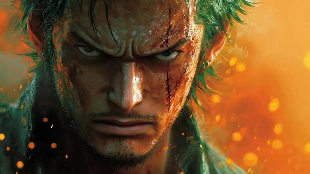 Roronoa Zoro One Piece wallpaper 4k intense close-up portrait with battle scars background ultra HD anime free download for pc & mobile phone and iphone