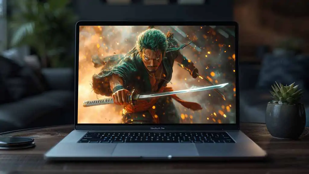 Fond d'écran Roronoa Zoro One Piece 4K en pose de combat dynamique avec katana, éclairage dramatique fond d'anime ultra HD pour PC et téléphone portable & iPhone