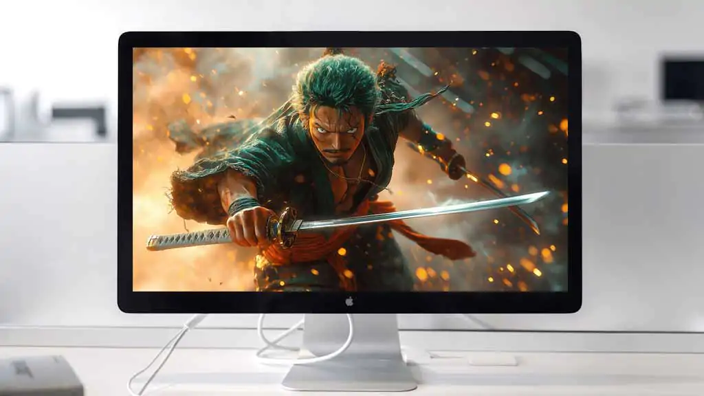 Fond d'écran Roronoa Zoro One Piece 4K en pose de combat dynamique avec katana, éclairage dramatique fond d'anime ultra HD pour PC et téléphone portable & iPhone