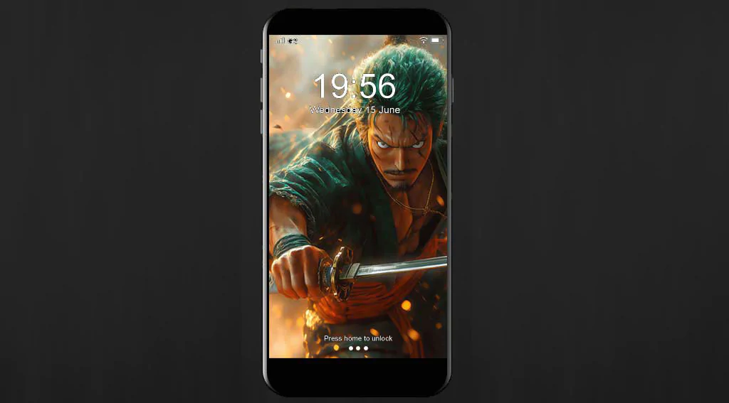 Fond d'écran Roronoa Zoro One Piece 4K en pose de combat dynamique avec katana, éclairage dramatique fond d'anime ultra HD pour PC et téléphone portable & iPhone