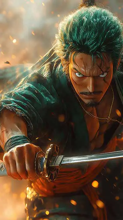 Fond d'écran Roronoa Zoro One Piece 4K en pose de combat dynamique avec katana, éclairage dramatique fond d'anime ultra HD pour PC et téléphone portable & iPhone