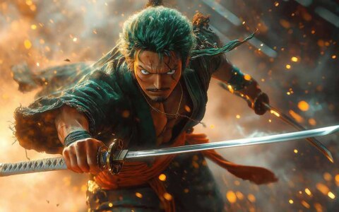 Fond d'écran Roronoa Zoro One Piece 4K en pose de combat dynamique avec katana, éclairage dramatique fond d'anime ultra HD pour PC et téléphone portable & iPhone