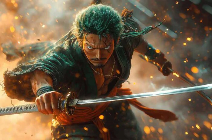 Fond d'écran Roronoa Zoro One Piece 4K en pose de combat dynamique avec katana, éclairage dramatique fond d'anime ultra HD pour PC et téléphone portable & iPhone