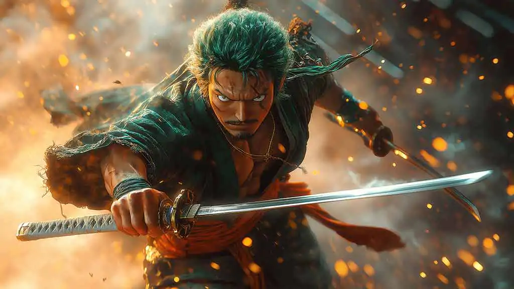 Fond d'écran Roronoa Zoro One Piece 4K en pose de combat dynamique avec katana, éclairage dramatique fond d'anime ultra HD pour PC et téléphone portable & iPhone