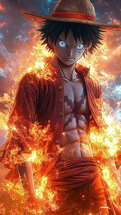 One Piece Monkey D. Luffy power wallpaper 4k flames and blue energy swirling around Free Download for pc and mobile phone and iphone