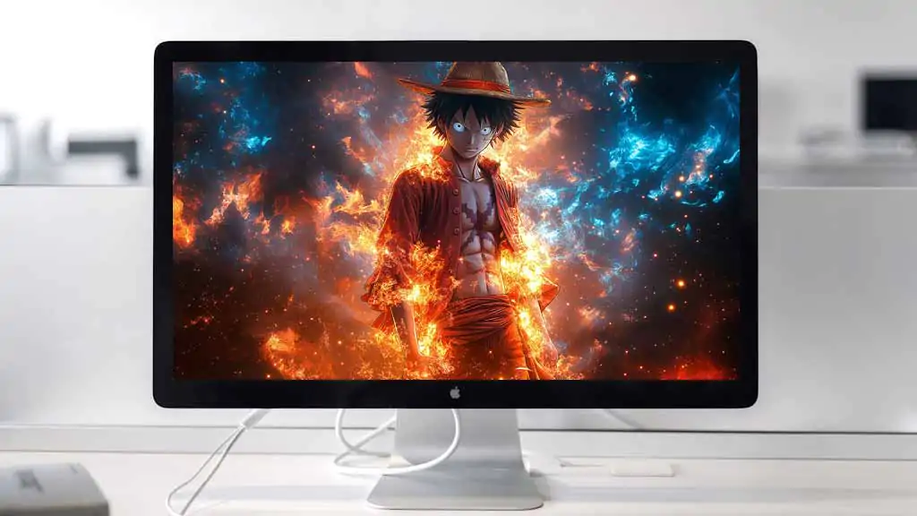 Fond d'écran One Piece Monkey D. Luffy puissance 4k flammes et énergie bleue tourbillonnante Téléchargement gratuit pour PC, téléphone portable et iPhone