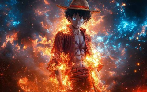 Fond d'écran One Piece Monkey D. Luffy puissance 4k flammes et énergie bleue tourbillonnante Téléchargement gratuit pour PC, téléphone portable et iPhone
