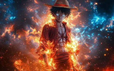 One Piece Monkey D. Luffy power wallpaper 4k flames and blue energy swirling around Free Download for pc and mobile phone and iphone