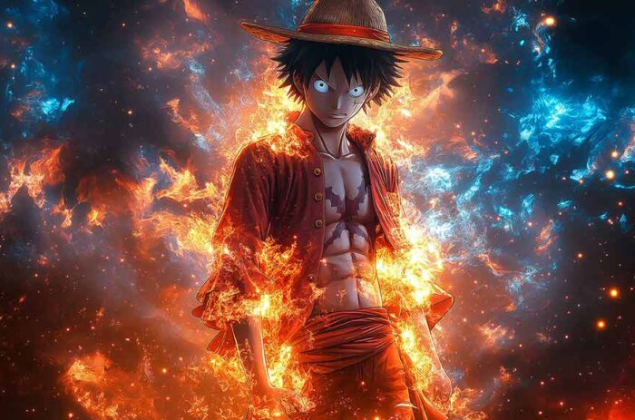 Fond d'écran One Piece Monkey D. Luffy puissance 4k flammes et énergie bleue tourbillonnante Téléchargement gratuit pour PC, téléphone portable et iPhone