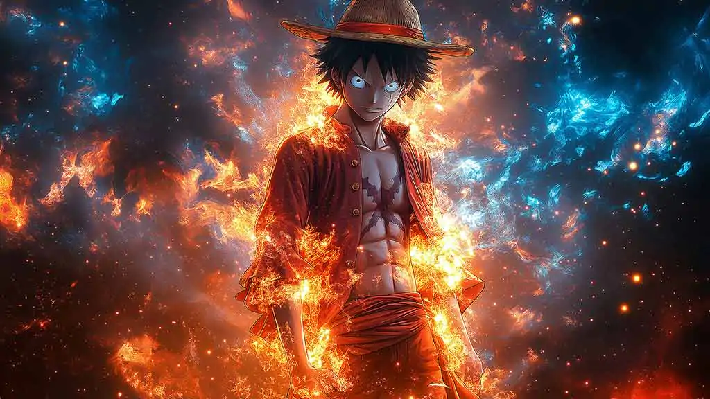 One Piece Monkey D. Luffy power wallpaper 4k flames and blue energy swirling around Free Download for pc and mobile phone and iphone