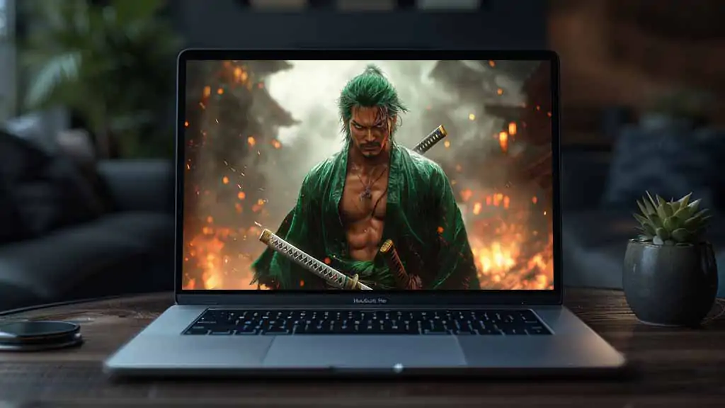 Fond d'écran Roronoa Zoro One Piece 4K avec portrait de guerrier épique avec robe verte, katanas et effets de bataille atmosphériques fond d'écran anime ultra HD pour Pc & téléphones portables