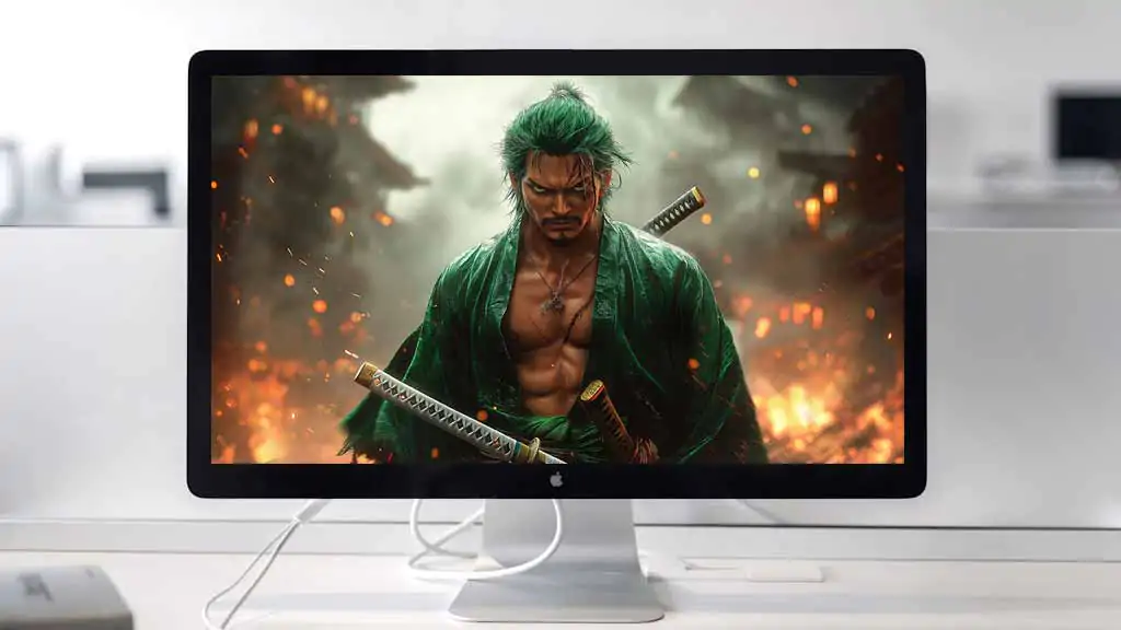 Fond d'écran Roronoa Zoro One Piece 4K avec portrait de guerrier épique avec robe verte, katanas et effets de bataille atmosphériques fond d'écran anime ultra HD pour Pc & téléphones portables