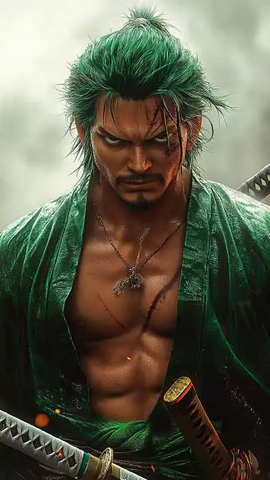 Fond d'écran Roronoa Zoro One Piece 4K avec portrait de guerrier épique avec robe verte, katanas et effets de bataille atmosphériques fond d'écran anime ultra HD pour Pc & téléphones portables