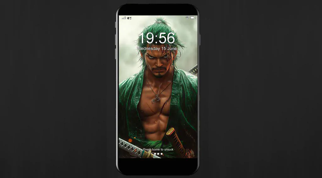 Fond d'écran Roronoa Zoro One Piece 4K avec portrait de guerrier épique avec robe verte, katanas et effets de bataille atmosphériques fond d'écran anime ultra HD pour Pc & téléphones portables