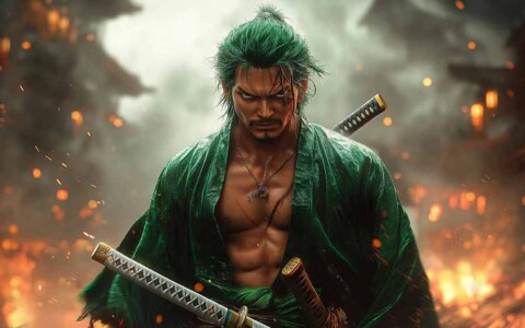 Fond d'écran Roronoa Zoro One Piece 4K avec portrait de guerrier épique avec robe verte, katanas et effets de bataille atmosphériques fond d'écran anime ultra HD pour Pc & téléphones portables
