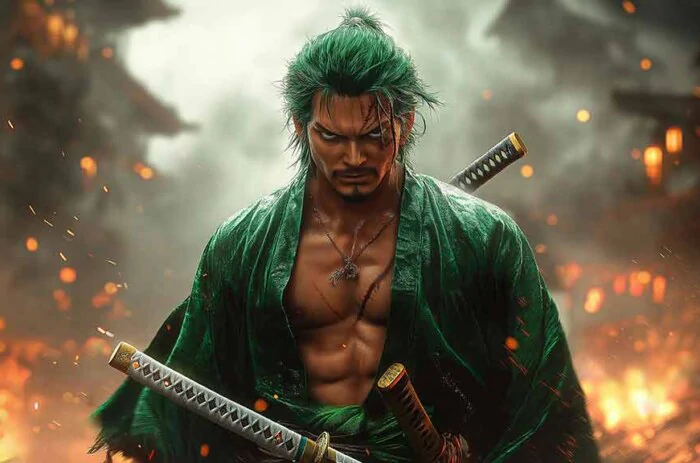 Fond d'écran Roronoa Zoro One Piece 4K avec portrait de guerrier épique avec robe verte, katanas et effets de bataille atmosphériques fond d'écran anime ultra HD pour Pc & téléphones portables