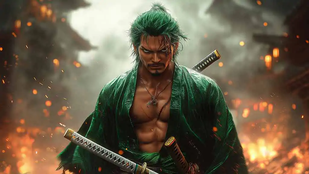 Fond d'écran Roronoa Zoro One Piece 4K avec portrait de guerrier épique avec robe verte, katanas et effets de bataille atmosphériques fond d'écran anime ultra HD pour Pc & téléphones portables