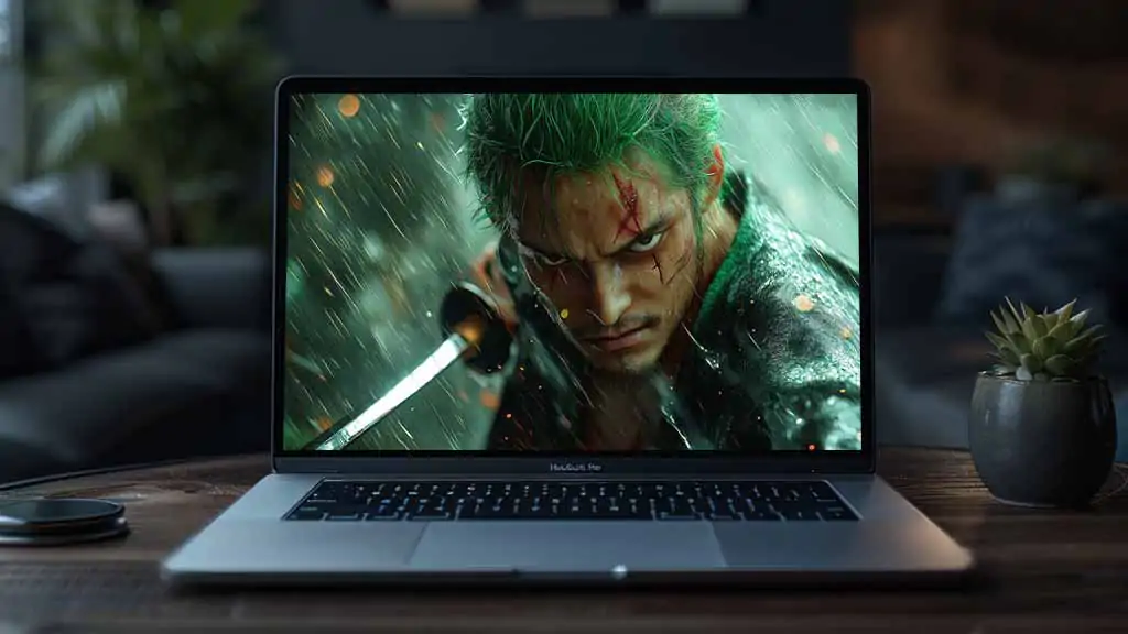 Fond d'écran Roronoa Zoro One Piece 4K scène de combat sous une pluie intense avec cicatrice de bataille, katana et effets dramatiques d'orage, arrière-plan anime Ultra HD pour PC, téléphone portable et iPhone gratuit