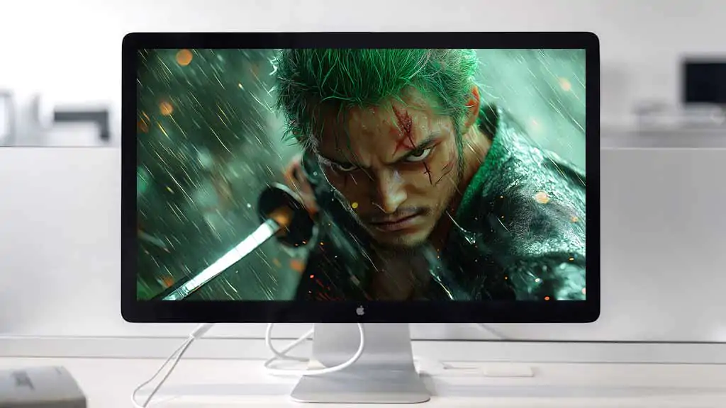 Fond d'écran Roronoa Zoro One Piece 4K scène de combat sous une pluie intense avec cicatrice de bataille, katana et effets dramatiques d'orage, arrière-plan anime Ultra HD pour PC, téléphone portable et iPhone gratuit