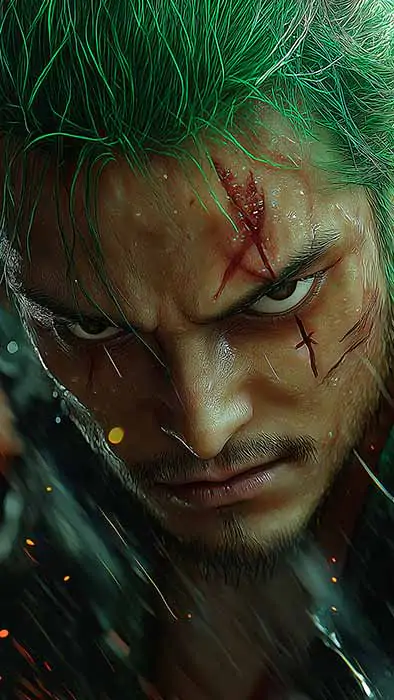 Fond d'écran Roronoa Zoro One Piece 4K scène de combat sous une pluie intense avec cicatrice de bataille, katana et effets dramatiques d'orage, arrière-plan anime Ultra HD pour PC, téléphone portable et iPhone gratuit