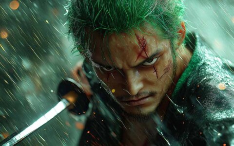 Fond d'écran Roronoa Zoro One Piece 4K scène de combat sous une pluie intense avec cicatrice de bataille, katana et effets dramatiques d'orage, arrière-plan anime Ultra HD pour PC, téléphone portable et iPhone gratuit