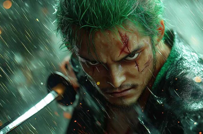 Fond d'écran Roronoa Zoro One Piece 4K scène de combat sous une pluie intense avec cicatrice de bataille, katana et effets dramatiques d'orage, arrière-plan anime Ultra HD pour PC, téléphone portable et iPhone gratuit