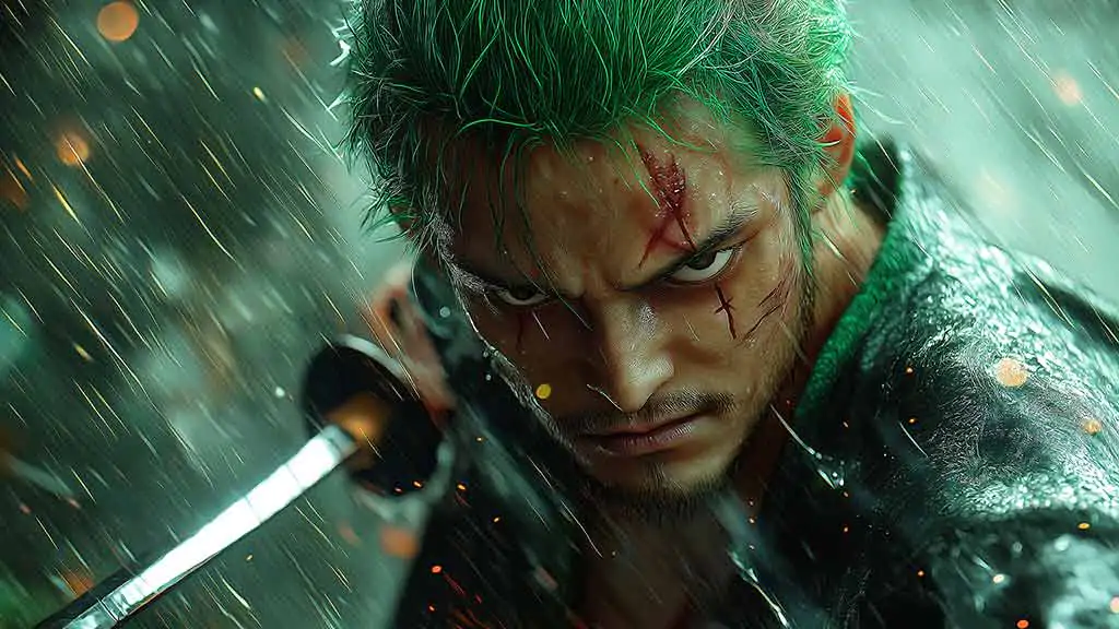 Fond d'écran Roronoa Zoro One Piece 4K scène de combat sous une pluie intense avec cicatrice de bataille, katana et effets dramatiques d'orage, arrière-plan anime Ultra HD pour PC, téléphone portable et iPhone gratuit