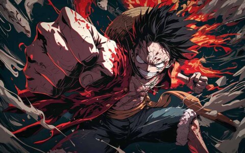Fond d'écran One Piece Monkey D. Luffy 4K avec scène de bataille explosive avec pose d'action, un arrière-plan anime ultra HD haute résolution pour PC et téléphone iPhone gratuit