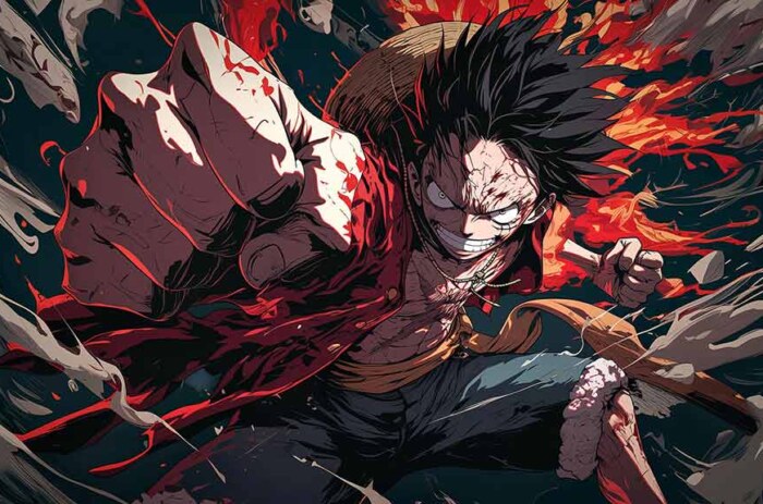 Fond d'écran One Piece Monkey D. Luffy 4K avec scène de bataille explosive avec pose d'action, un arrière-plan anime ultra HD haute résolution pour PC et téléphone iPhone gratuit