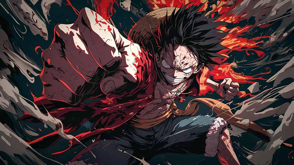 Fond d'écran One Piece Monkey D. Luffy 4K avec scène de bataille explosive avec pose d'action, un arrière-plan anime ultra HD haute résolution pour PC et téléphone iPhone gratuit