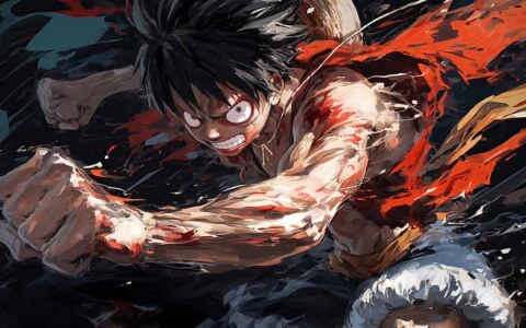 Monkey D. Luffy One Piece fond d'écran 4K avec scène de combat intense avec effets de combat rouge explosif fond d'écran ultra HD anime pour pc & téléphone portable