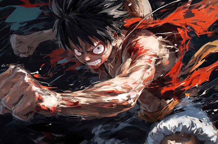 Monkey D. Luffy One Piece fond d'écran 4K avec scène de combat intense avec effets de combat rouge explosif fond d'écran ultra HD anime pour pc & téléphone portable